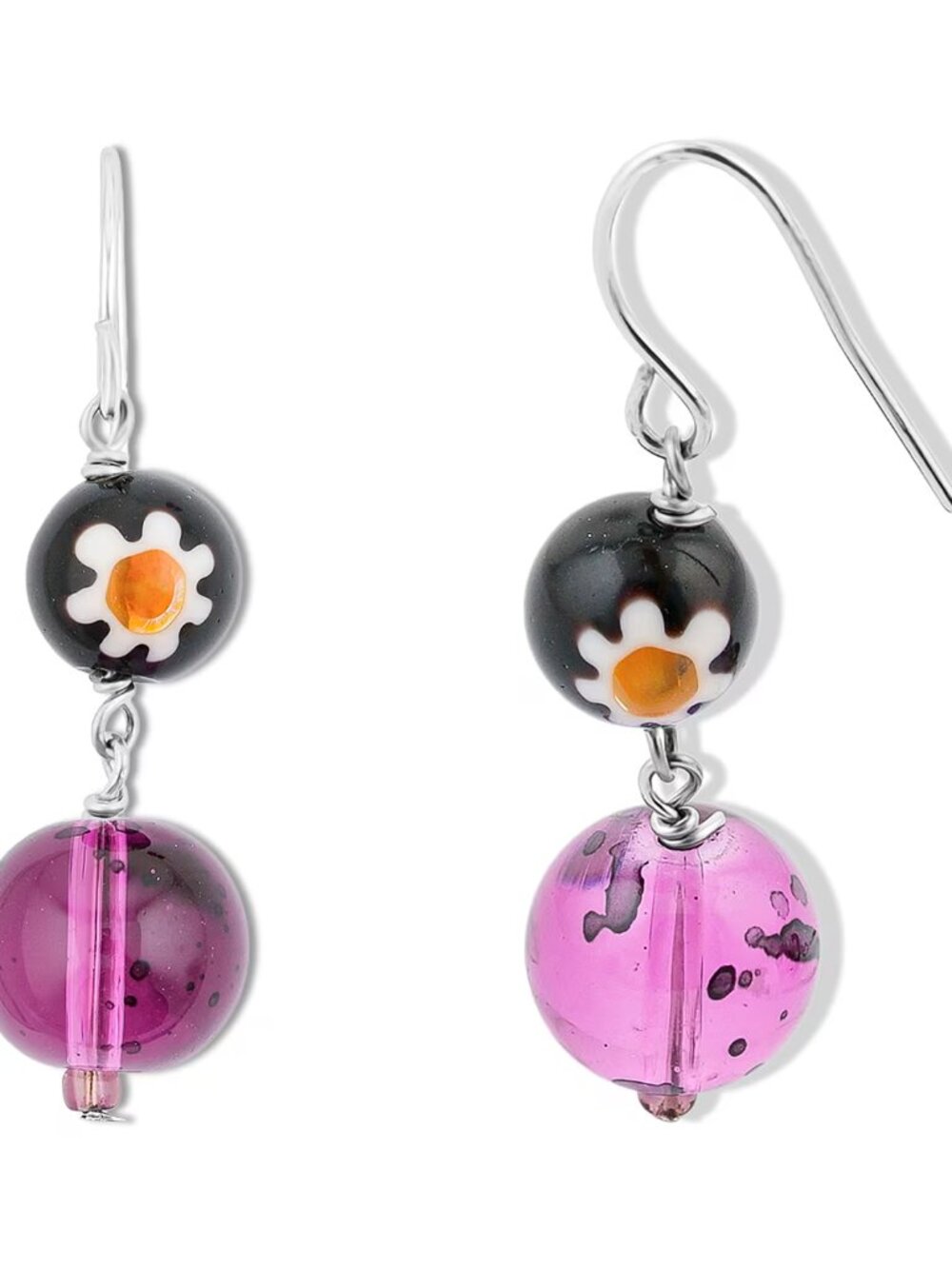 NEW Purple and Black Flower Artisan Glass Earrings in Sterling Silver